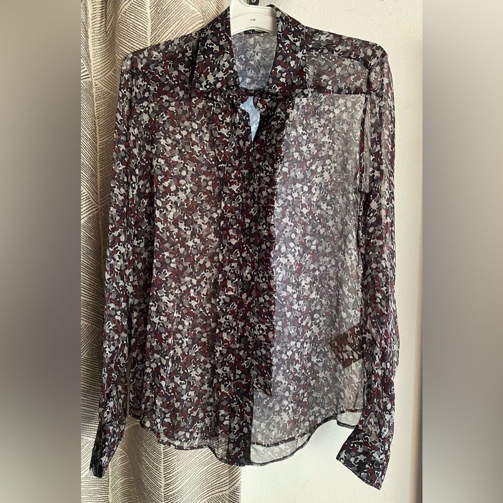 Burberry London Women Luxury Designer Silk Print Burgundy Chiffon Shirt Sz 4